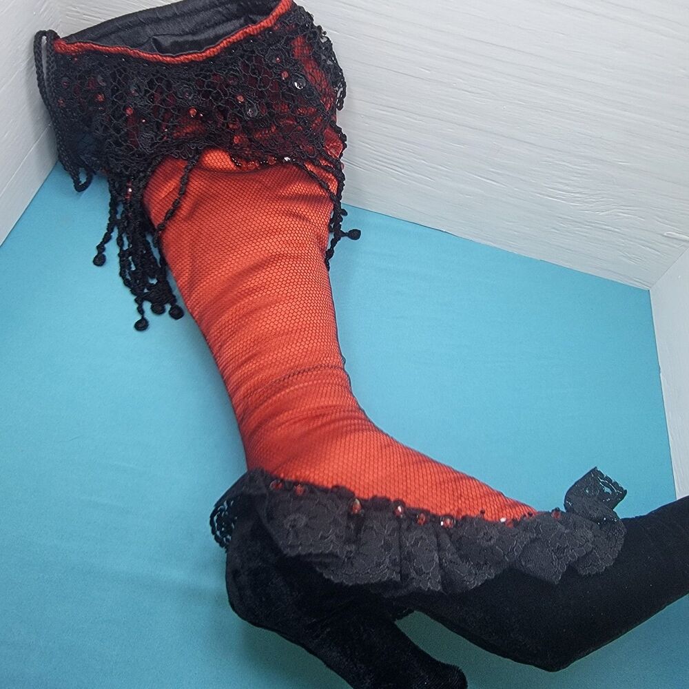 Vintage Victorian High Heel Fringe Christmas Stocking Lined Beads Red Black